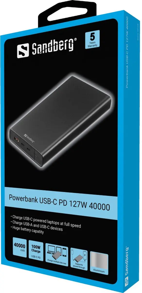 Sandberg Powerbank USB-C PD 100W 38400mAh - 3x Opladen - Zwart