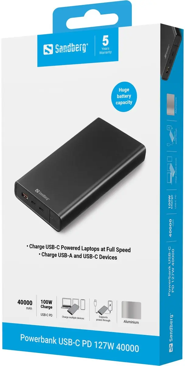 Sandberg Powerbank USB-C PD 100W 38400mAh - 3x Opladen - Zwart