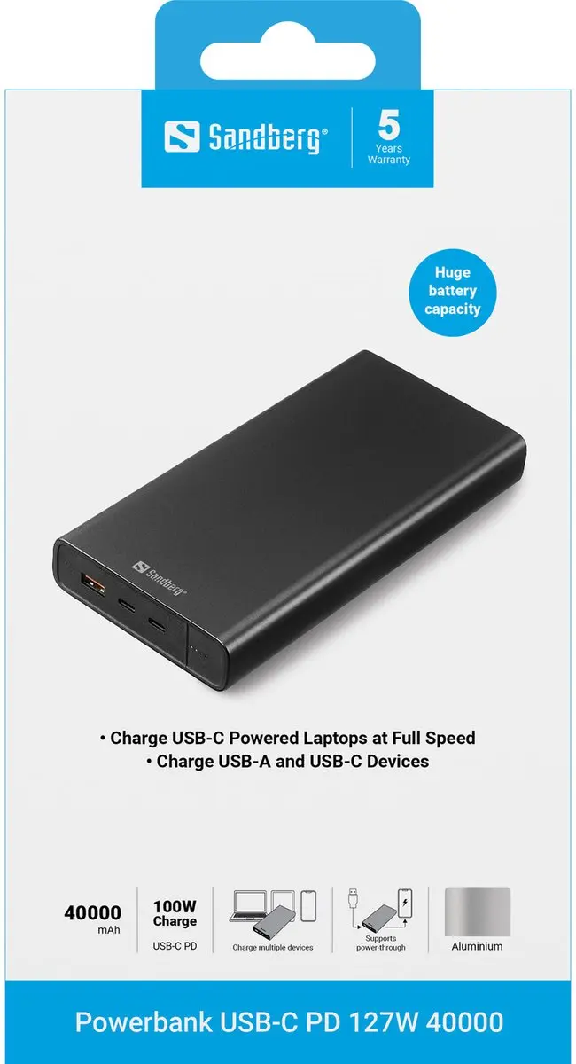 Sandberg Powerbank USB-C PD 100W 38400mAh - 3x Opladen - Zwart