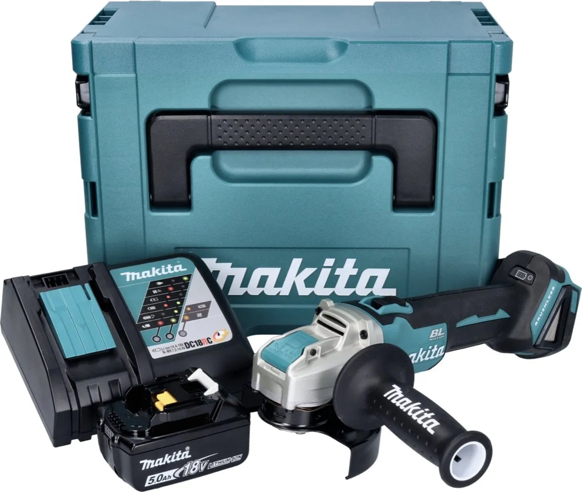 Makita DGA 521 Haakse Slijper 18V 125mm X-LOCK - 1x Accu 5.0Ah + Oplader
