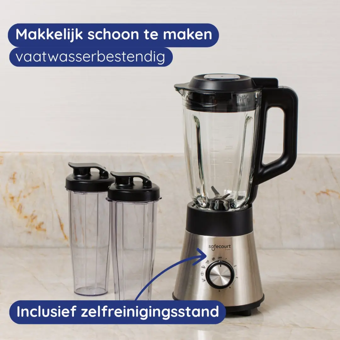 Safecourt Kitchen Power Blender 1300W - 1,5L Glas & 2x 600ml To-Go Bekers