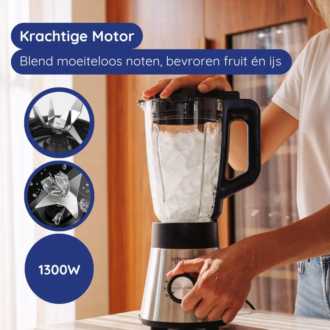 Safecourt Kitchen Power Blender 1300W - 1,5L Glas & 2x 600ml To-Go Bekers