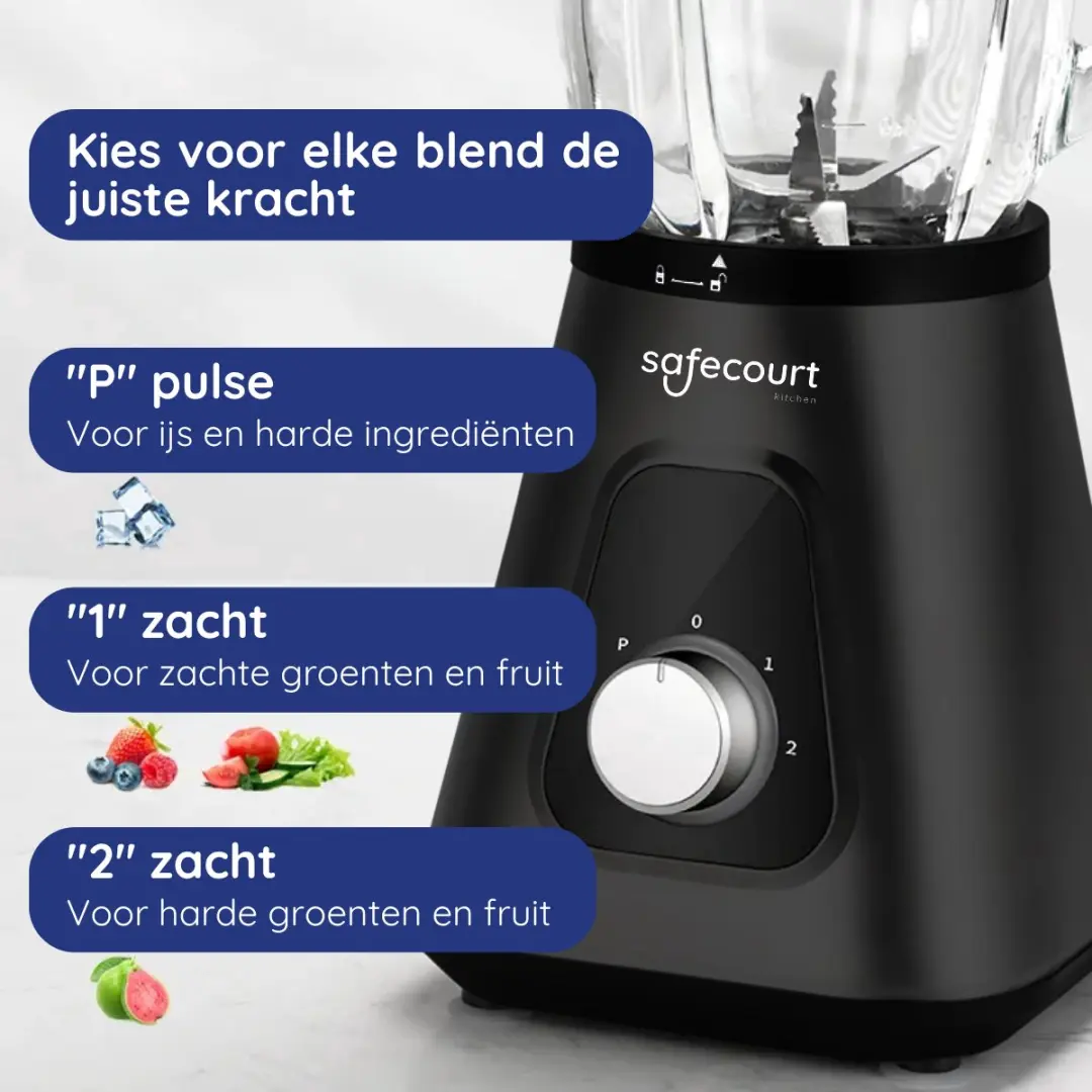 Safecourt Kitchen Blender 1300W - 1,5L Glas & 600ml To-Go Beker - 2 Snelheden