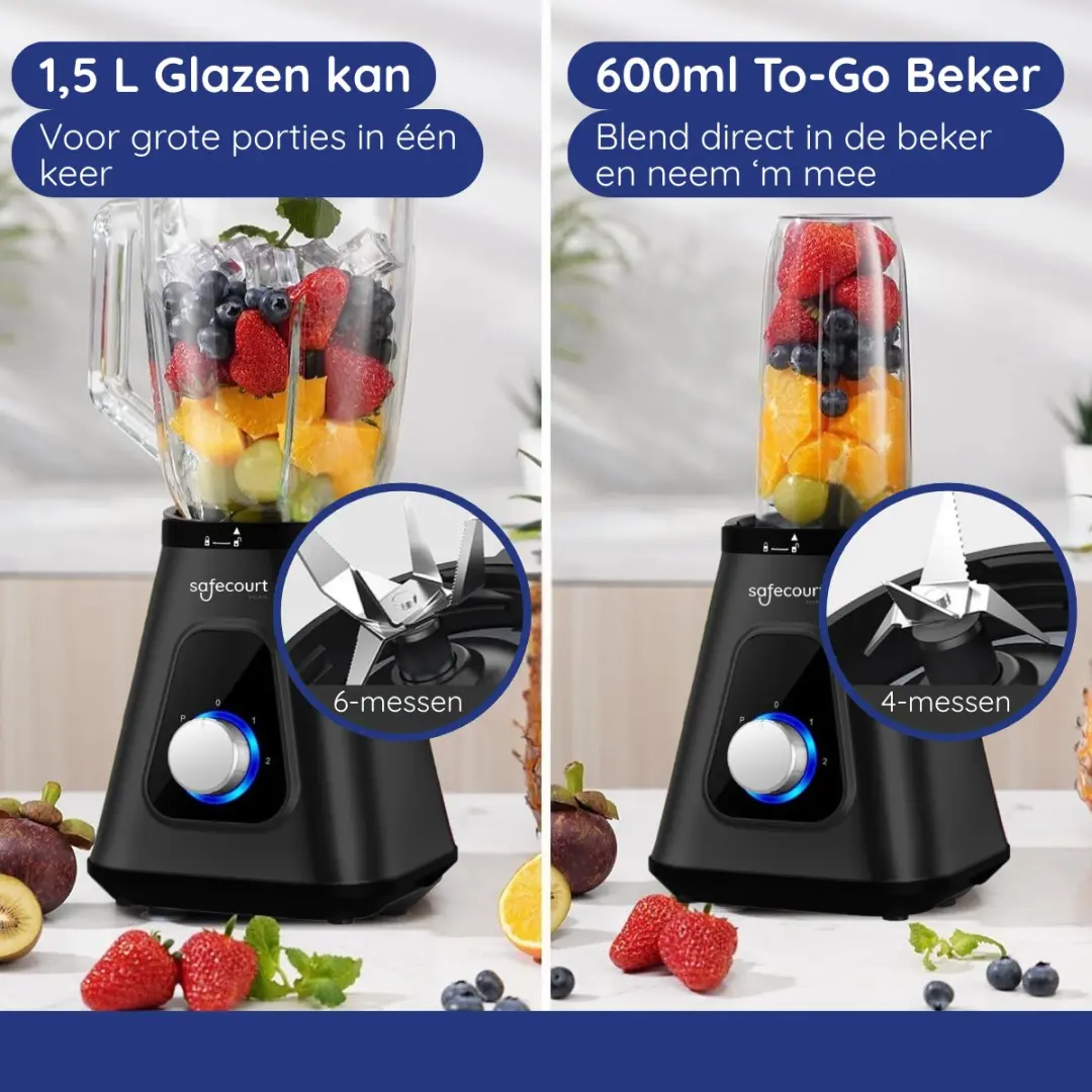 Safecourt Kitchen Blender 1300W - 1,5L Glas & 600ml To-Go Beker - 2 Snelheden