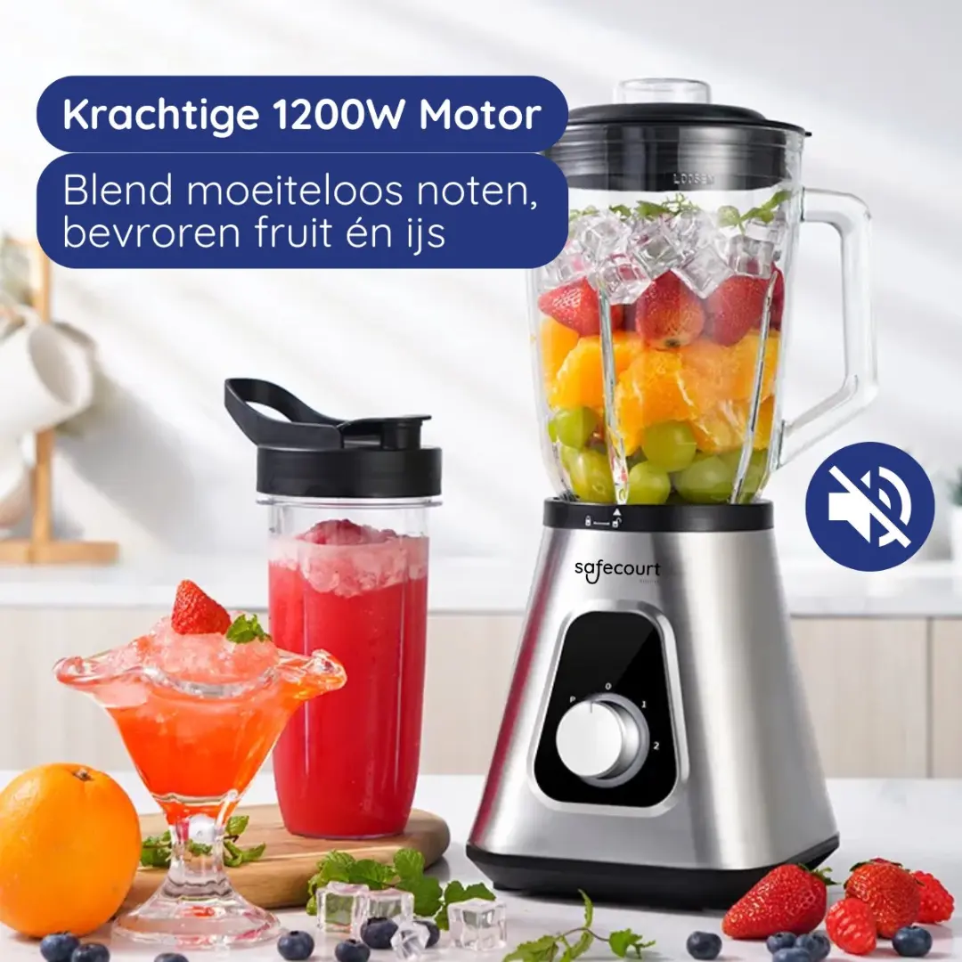 Safecourt Kitchen Blender 1300W - 1,5L Glas & 600ml To-Go Beker - Zilver