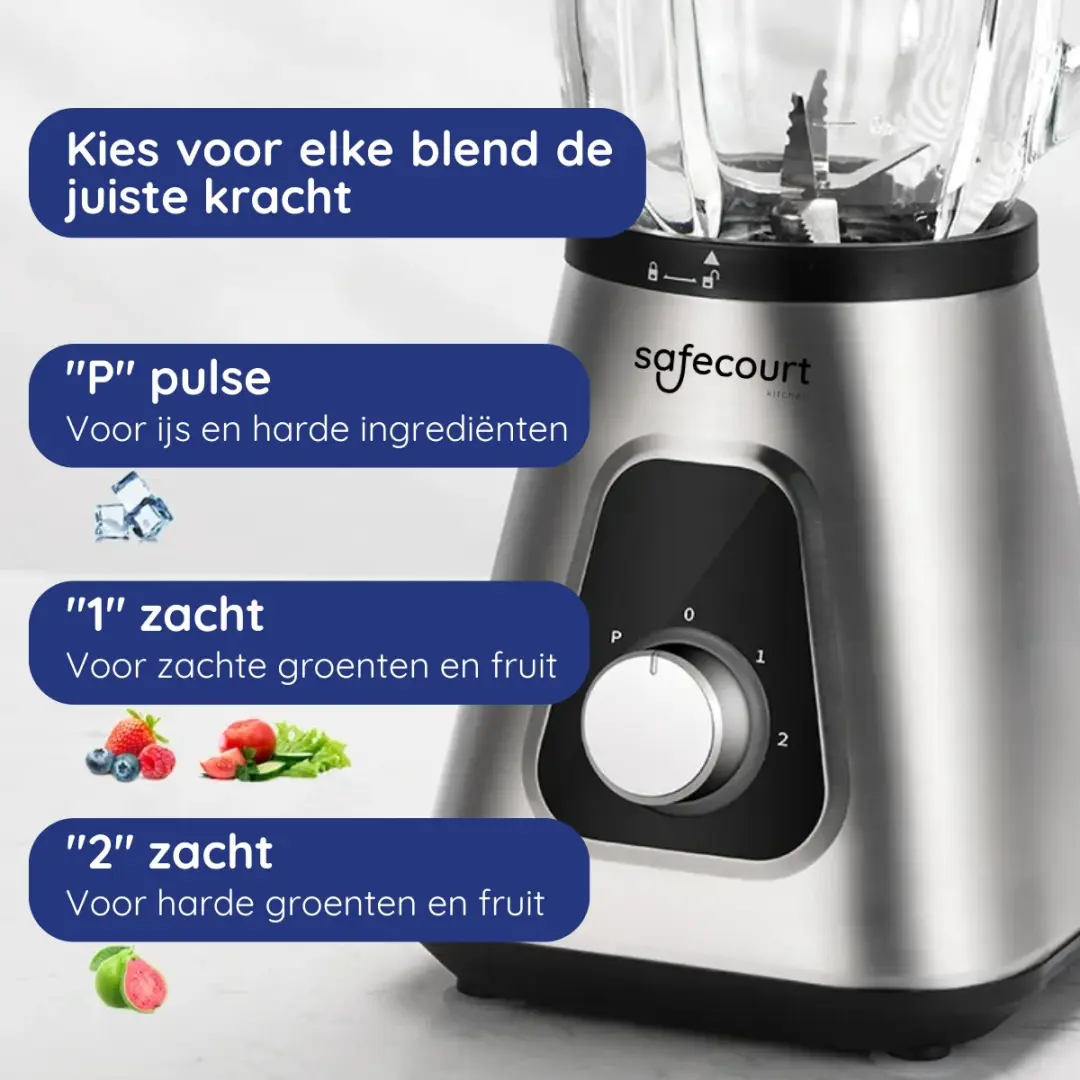 Safecourt Kitchen Blender 1300W - 1,5L Glas & 600ml To-Go Beker - Zilver