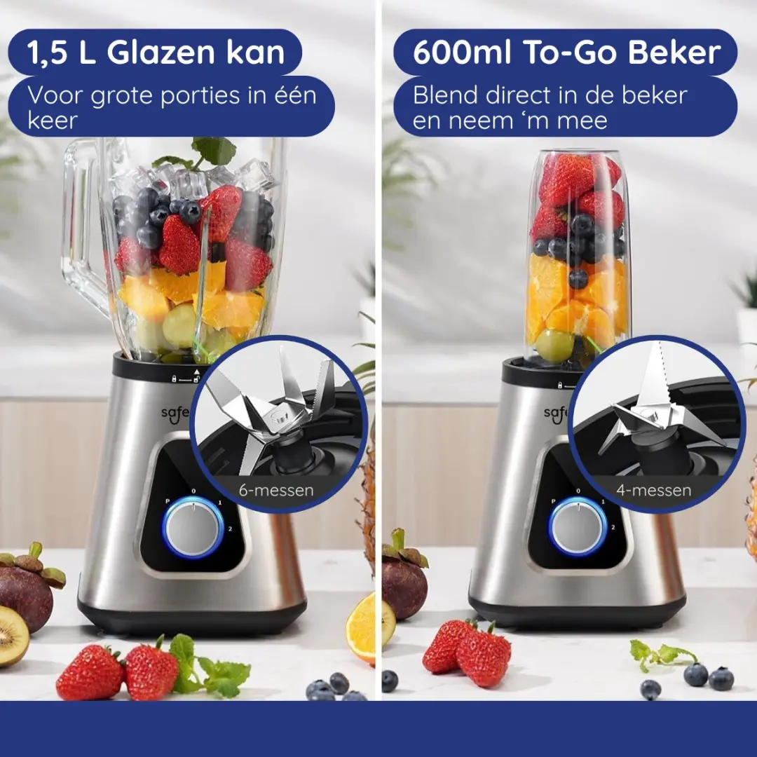 Safecourt Kitchen Blender 1300W - 1,5L Glas & 600ml To-Go Beker - Zilver