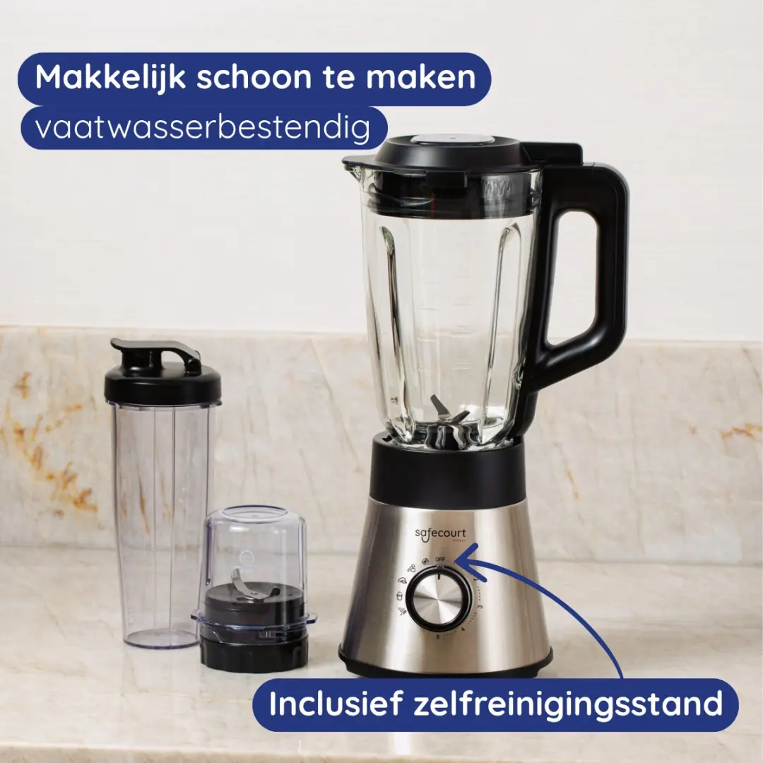 Safecourt Kitchen Power Blender 1300W - 1,5L Glas & 600ml To-Go Beker - Koffiemolen
