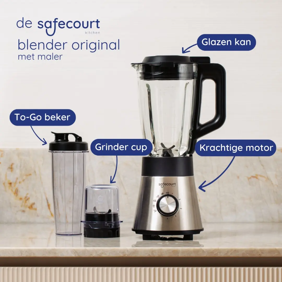 Safecourt Kitchen Power Blender 1300W - 1,5L Glas & 600ml To-Go Beker - Koffiemolen