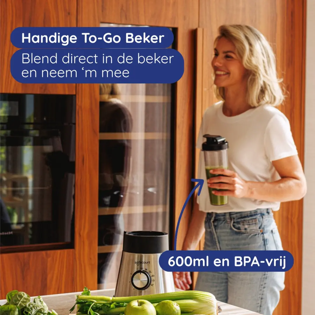 Safecourt Kitchen Power Blender 1300W - 1,5L Glas & 600ml To-Go Beker - Koffiemolen