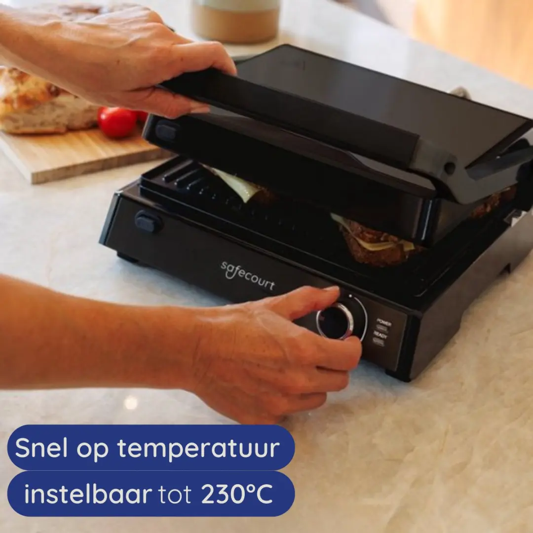 Safecourt CG300 Contactgrill - 2000W - 4 Sandwiches/Wafels - Zwart