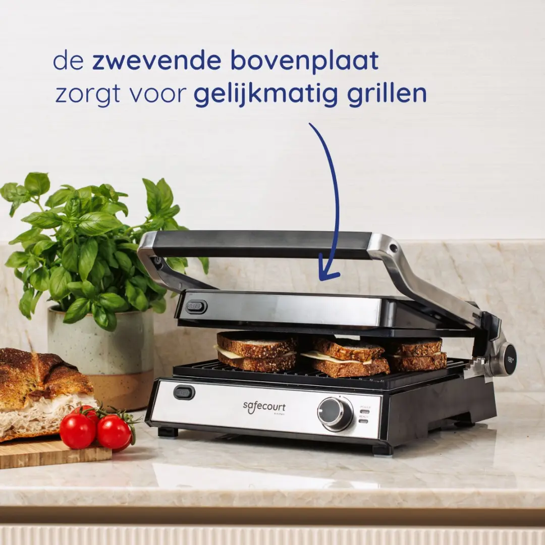 Safecourt CG100 Contactgrill - 2000W - 4 Sandwiches/Wafels - Zilver