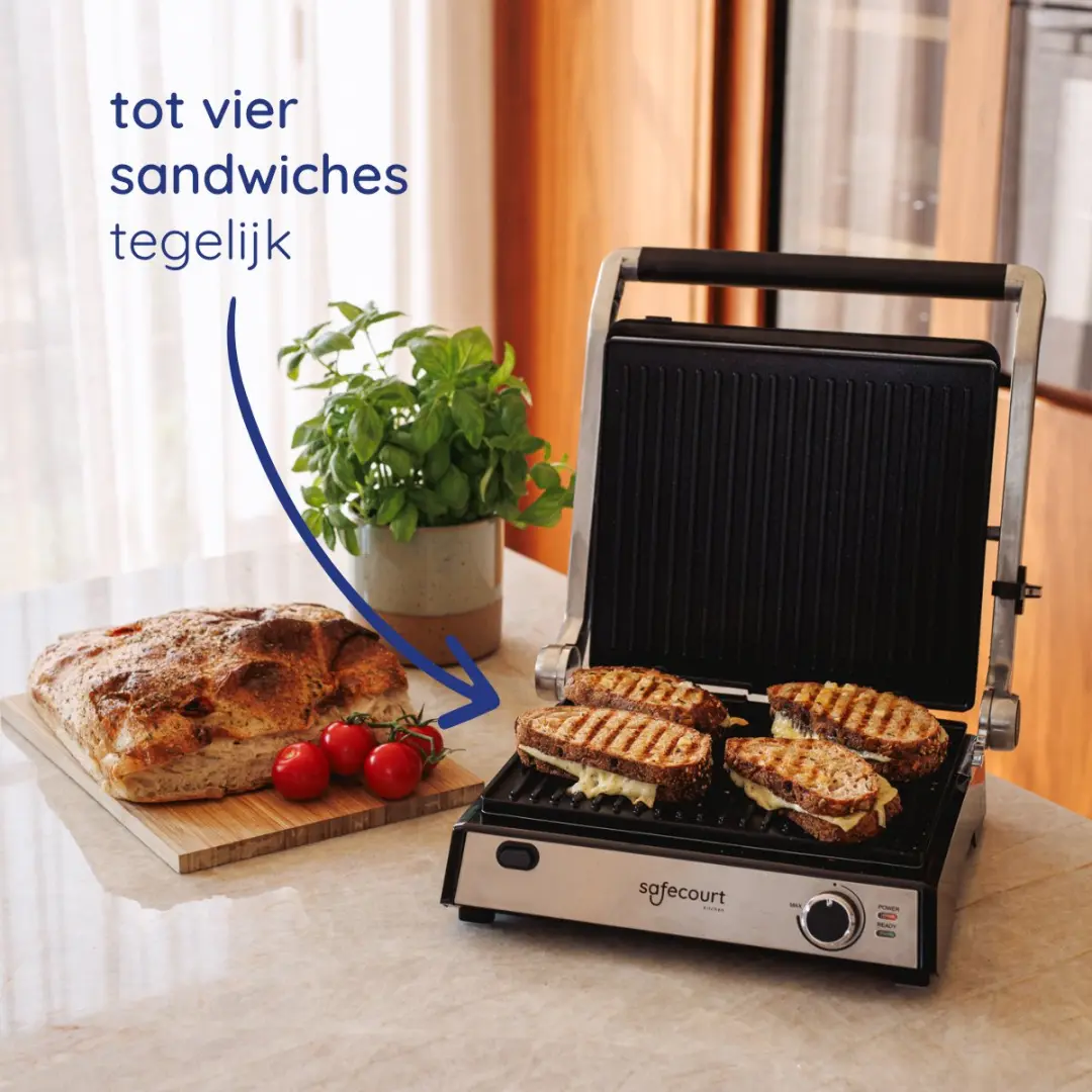 Safecourt CG100 Contactgrill - 2000W - 4 Sandwiches/Wafels - Zilver