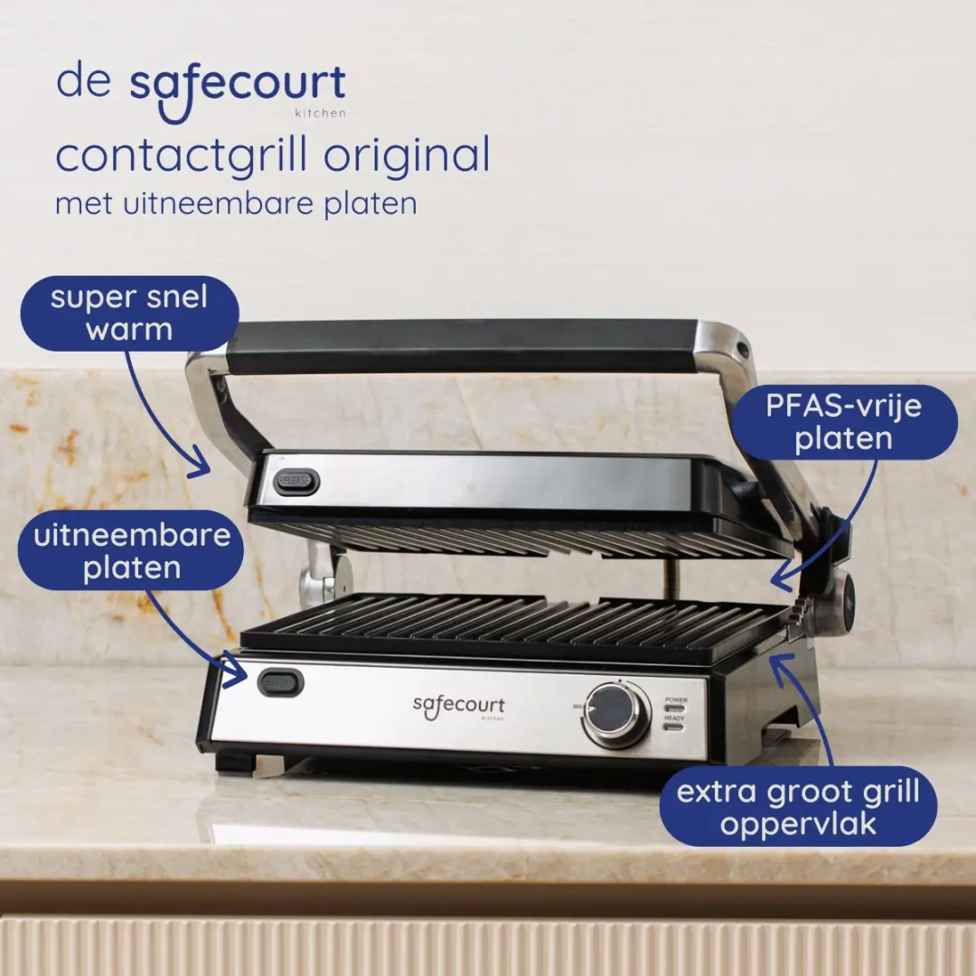 Safecourt CG100 Contactgrill - 2000W - 4 Sandwiches/Wafels - Zilver