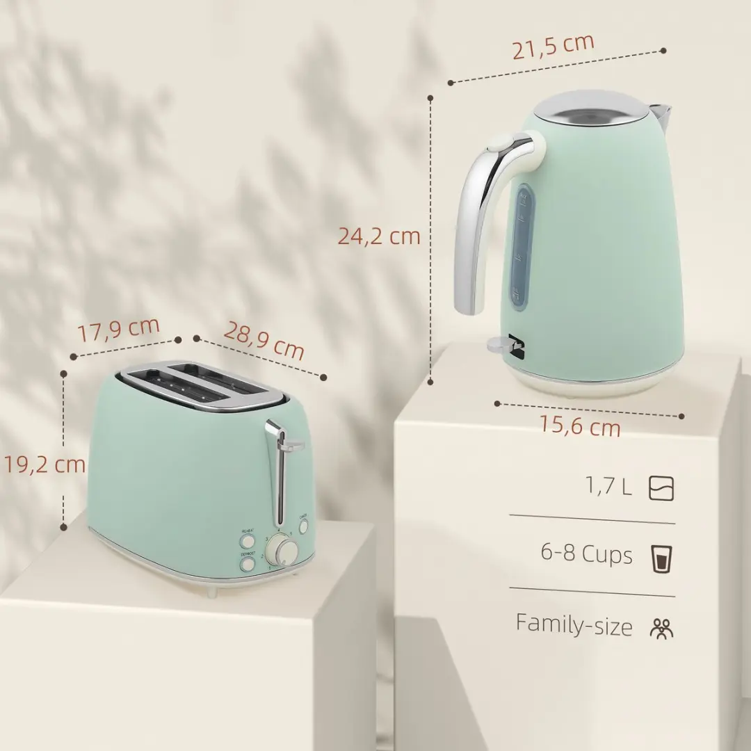 Homcom Ketel & Broodrooster 2200W - 2 Stuks - Lichtgroen/Zilver