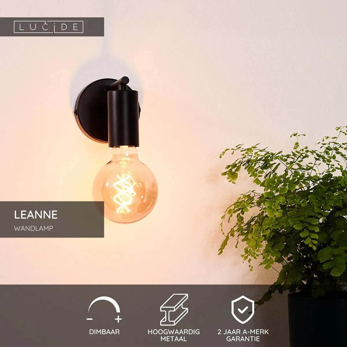 Lucide Leanne Wandlamp E27 - Zwart