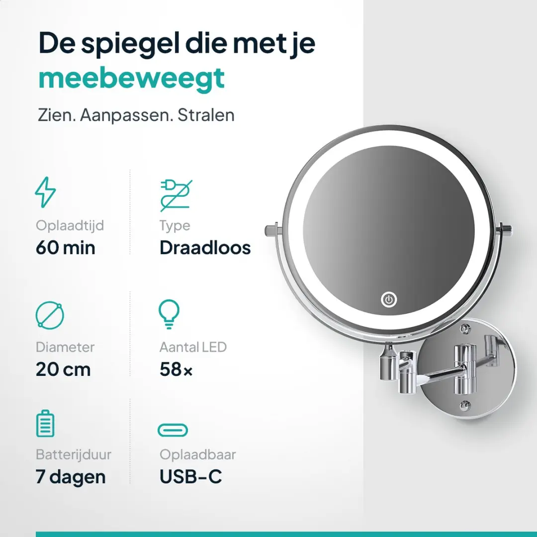 Mirlux Make-upspiegel 10x Vergroting - Oplaadbaar - Chroom
