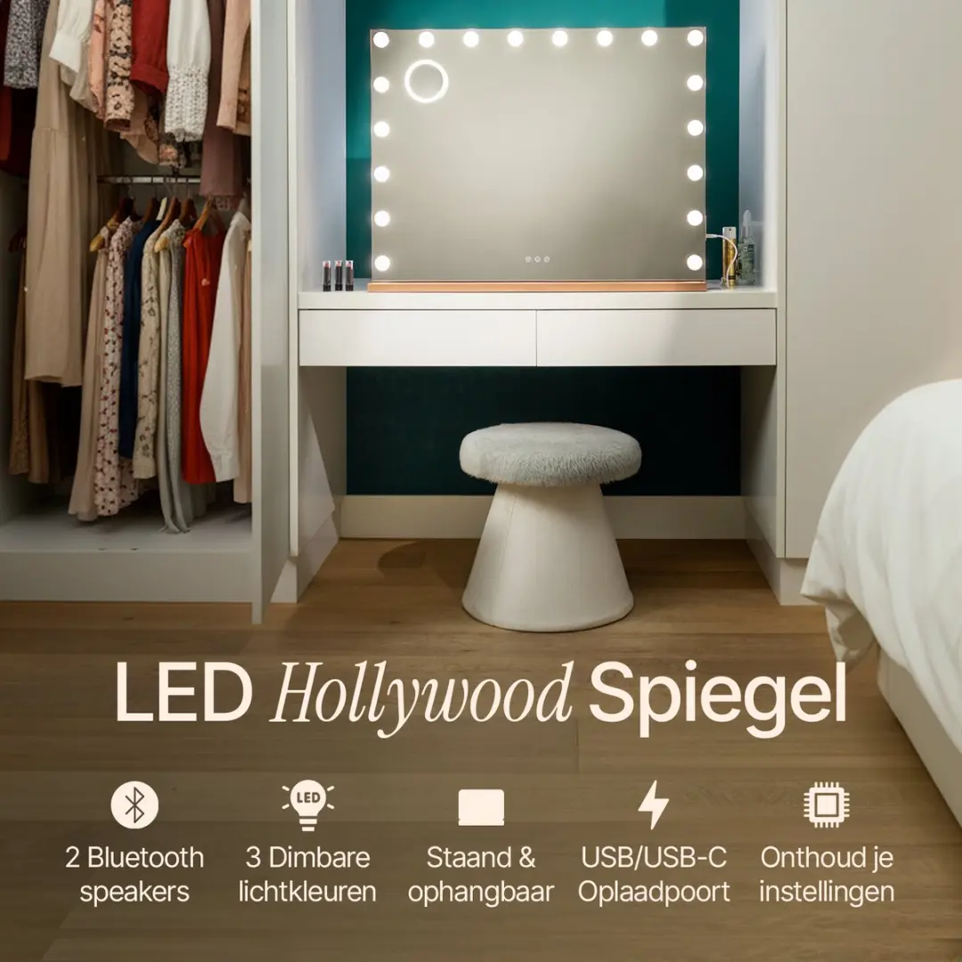 Mirlux Hollywood Spiegel 80x60cm - Roségoud - 10x Zoom - 2 Bluetooth Speakers