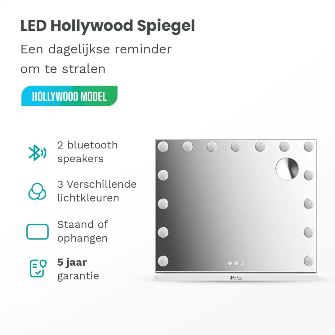 Mirlux Hollywood Spiegel 58x48cm - Wit - 10x Zoom - Bluetooth Speakers