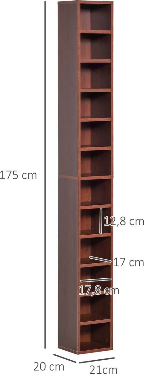 Homcom CD-opbergkast 12 Vakken - 21x20x175cm - Bruin