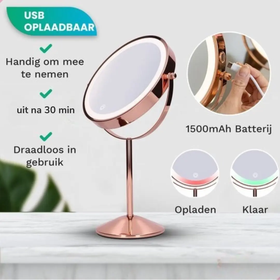 Mirlux Make-up Spiegel LED 10x - Oplaadbaar - Roségoud - afbeelding 6 van 6
