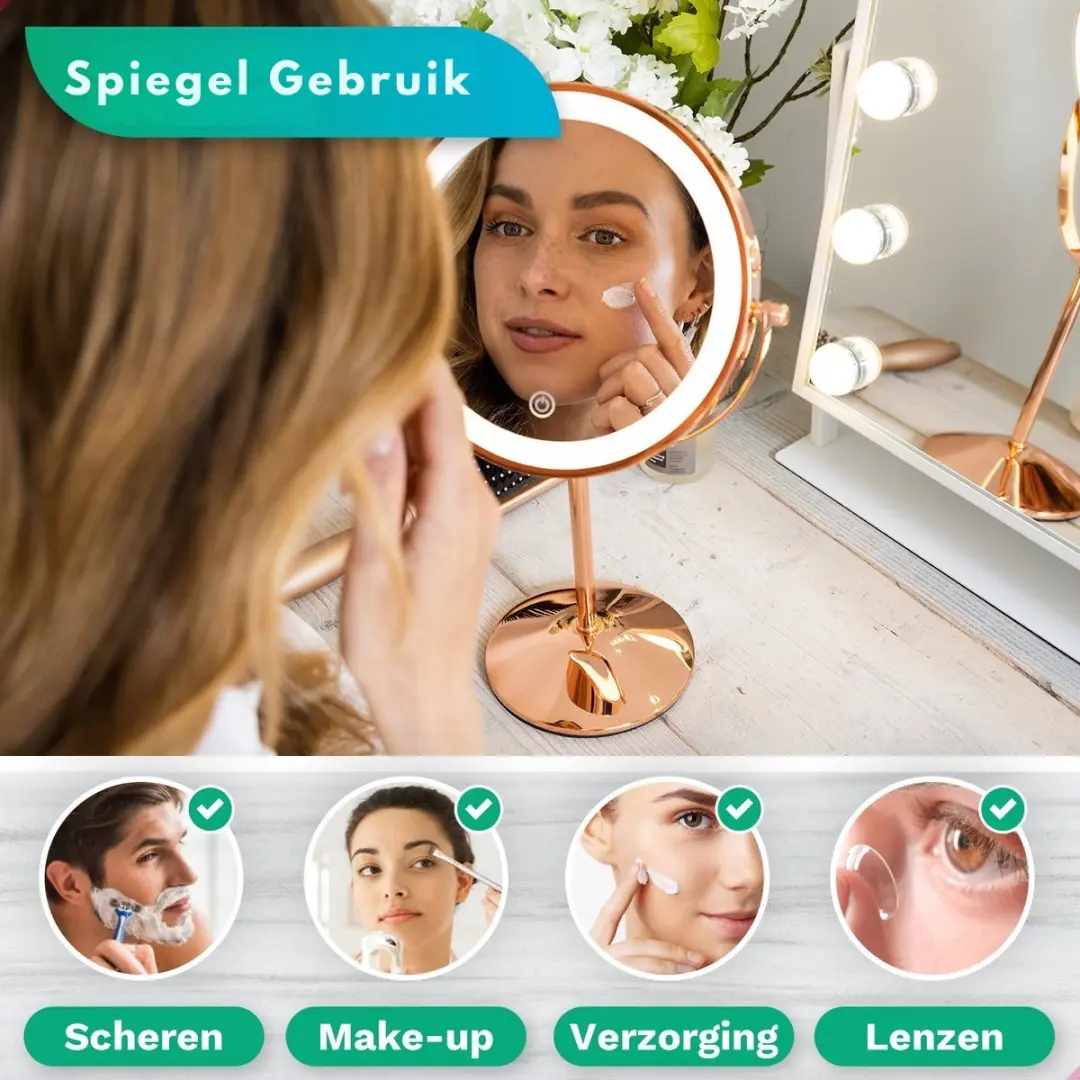 Mirlux Make-up Spiegel LED 10x - Oplaadbaar - Roségoud