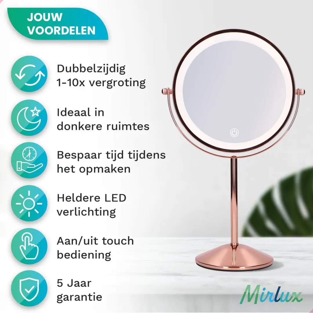 Mirlux Make-up Spiegel LED 10x - Oplaadbaar - Roségoud