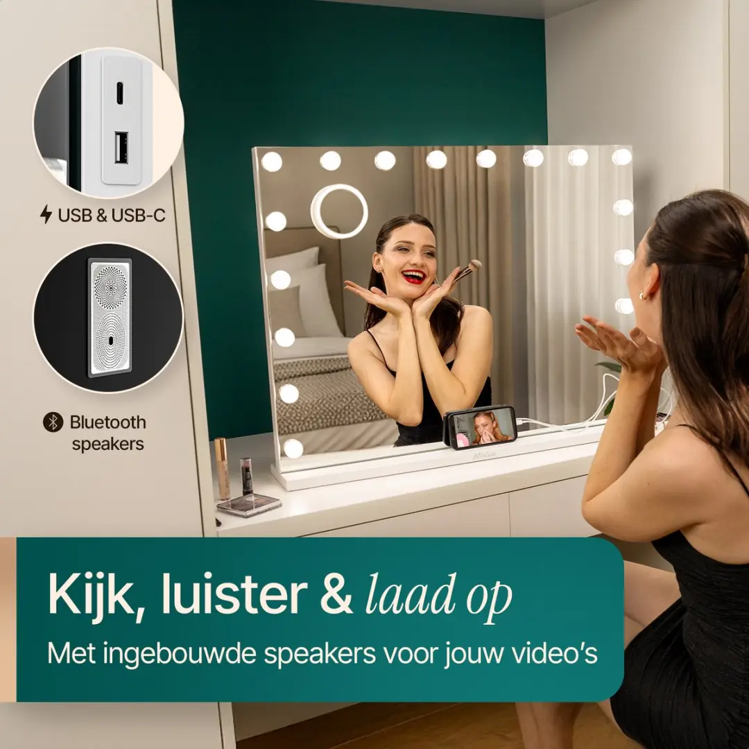 Mirlux Hollywood Spiegel 80x60cm - Wit - 10x Zoom - Bluetooth Speakers