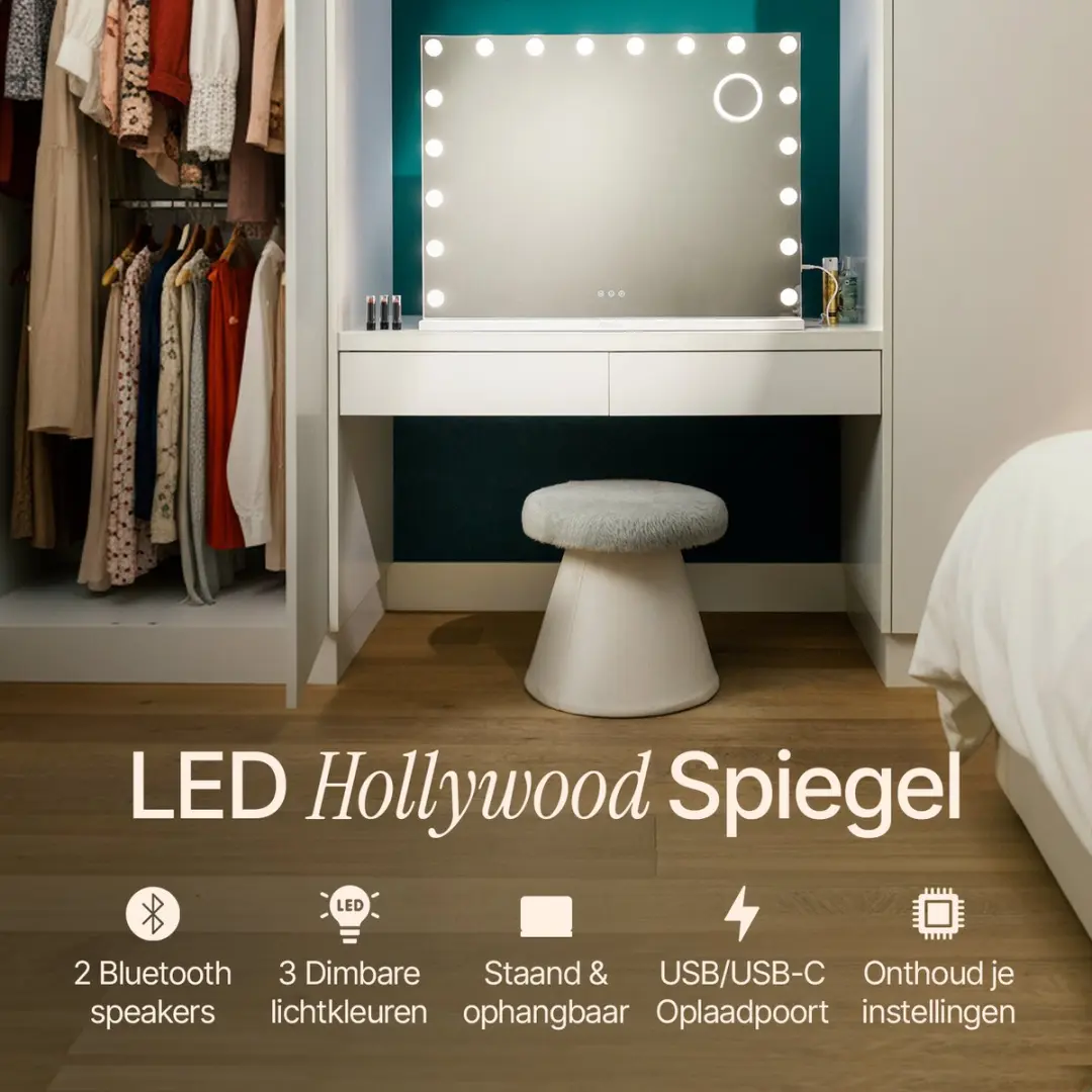 Mirlux Hollywood Spiegel 80x60cm - Wit - 10x Zoom - Bluetooth Speakers