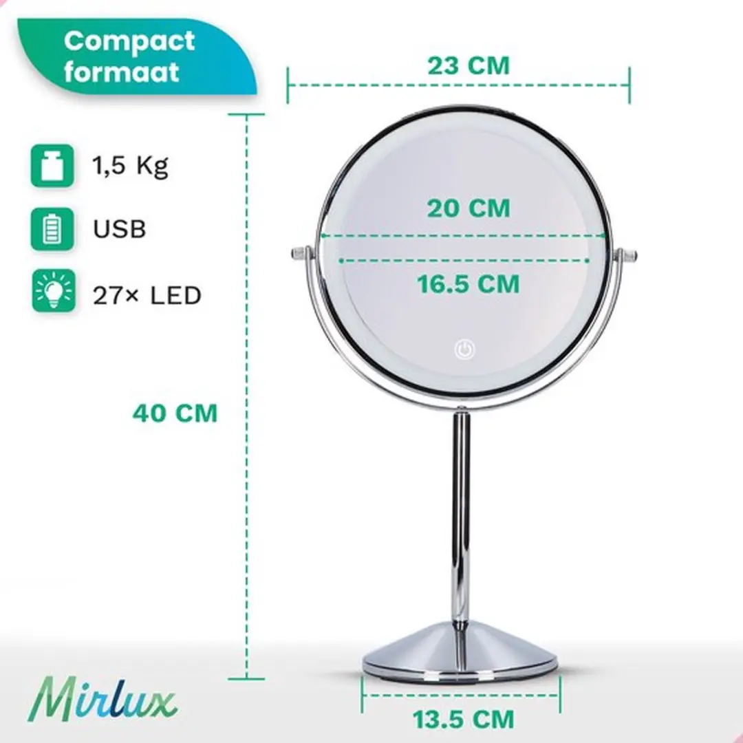 Mirlux Make-up Spiegel met LED Verlichting 10x - Oplaadbaar - Chroom