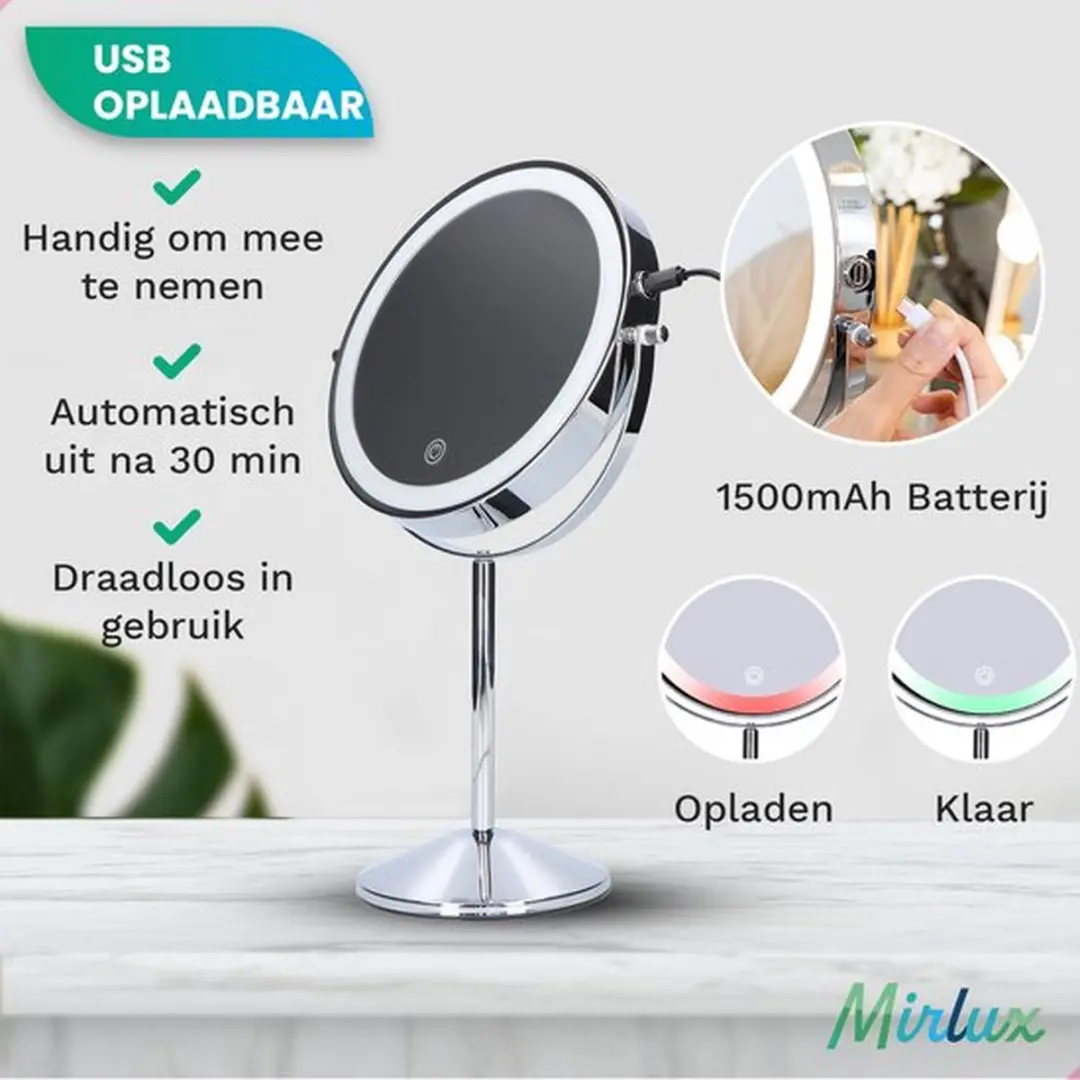 Mirlux Make-up Spiegel met LED Verlichting 10x - Oplaadbaar - Chroom