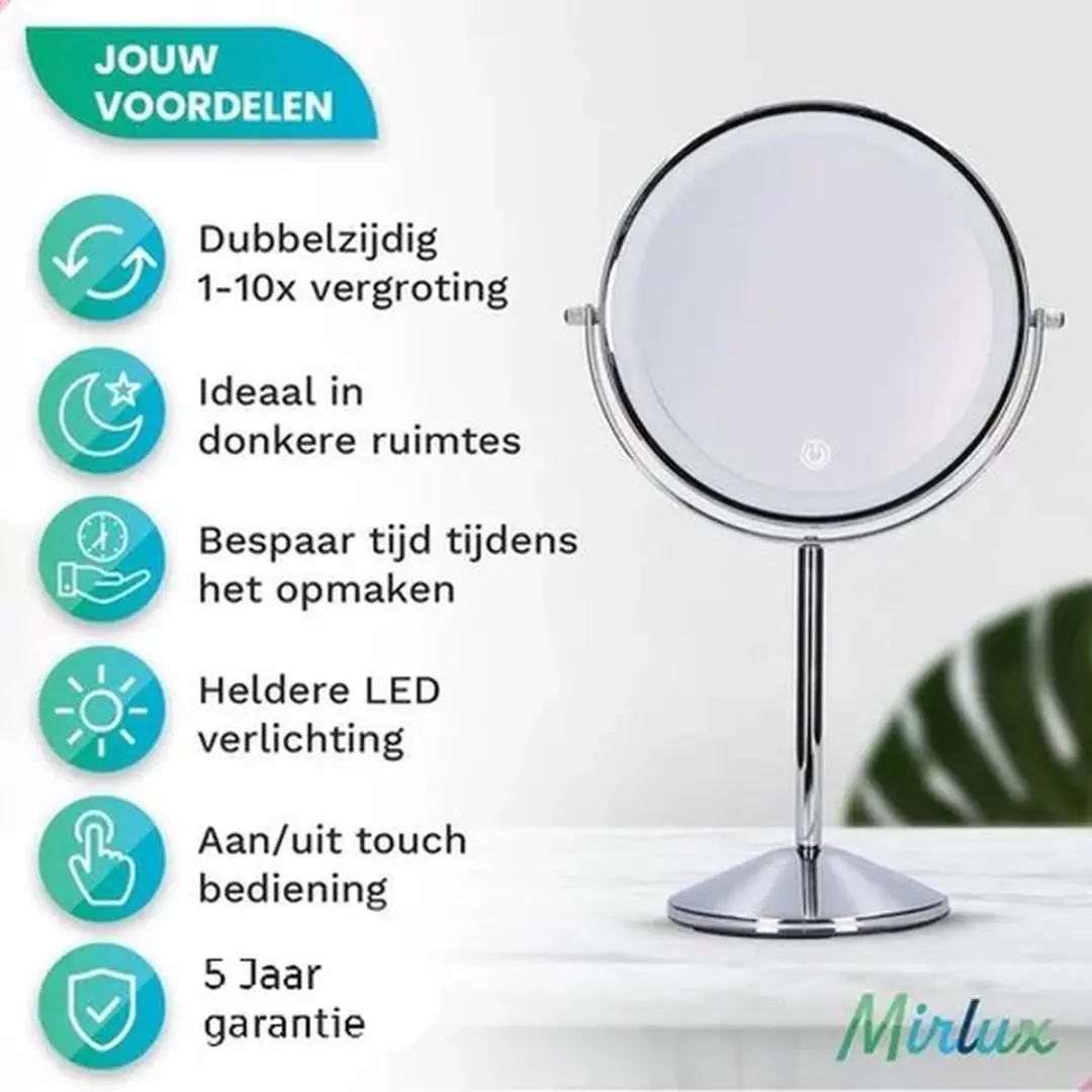Mirlux Make-up Spiegel met LED Verlichting 10x - Oplaadbaar - Chroom