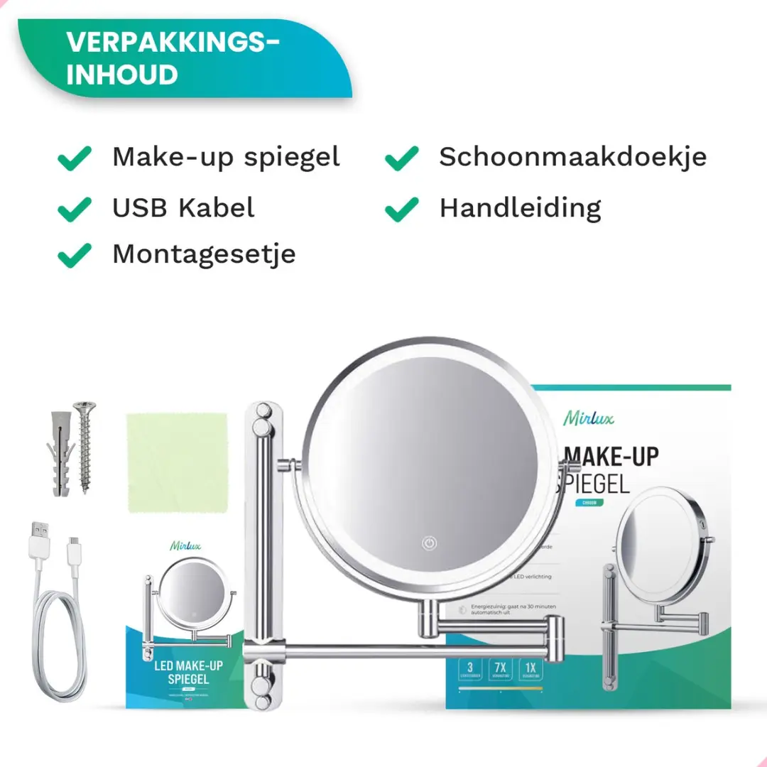 Mirlux Make-up Spiegel met LED Verlichting 7x - Oplaadbaar - Chroom - afbeelding 6 van 6