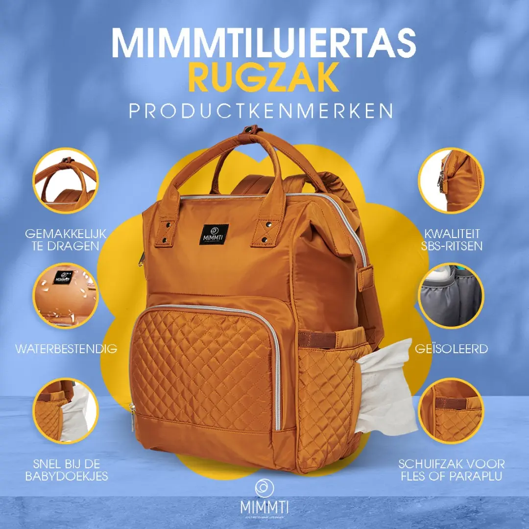 Mimmti Luiertas Rugzak NanaBeebi - Cognac - Met Verschoonmat & Flessenwarmhouder