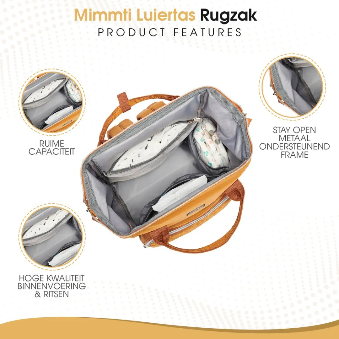 Mimmti Luiertas Rugzak NanaBeebi - Cognac - Met Verschoonmat & Flessenwarmhouder