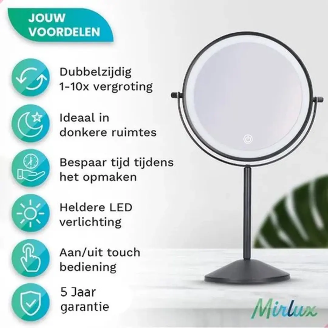Mirlux Make-up Spiegel 10x Vergroting - Oplaadbaar - Chroom