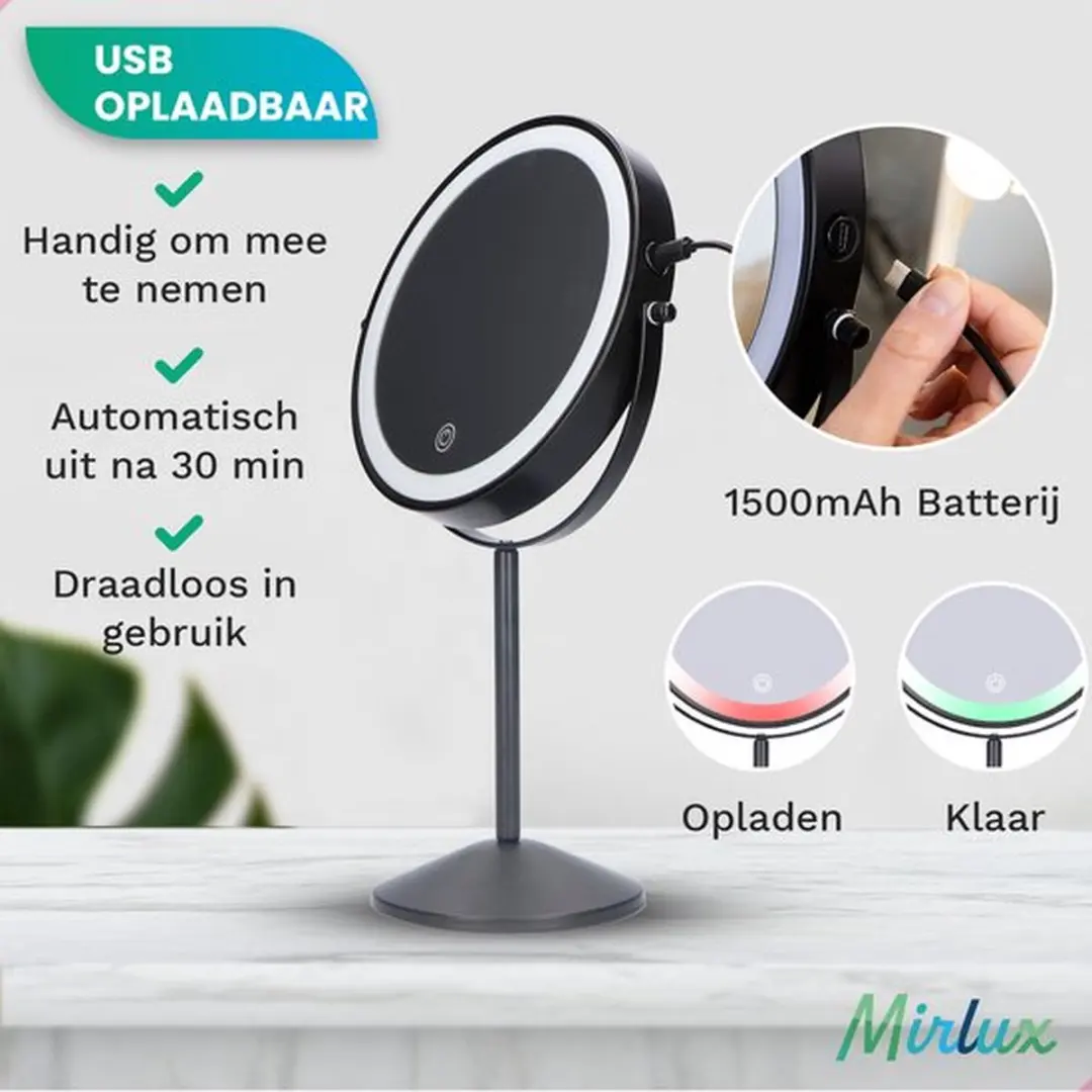 Mirlux Make-up Spiegel 10x Vergroting - Oplaadbaar - Chroom