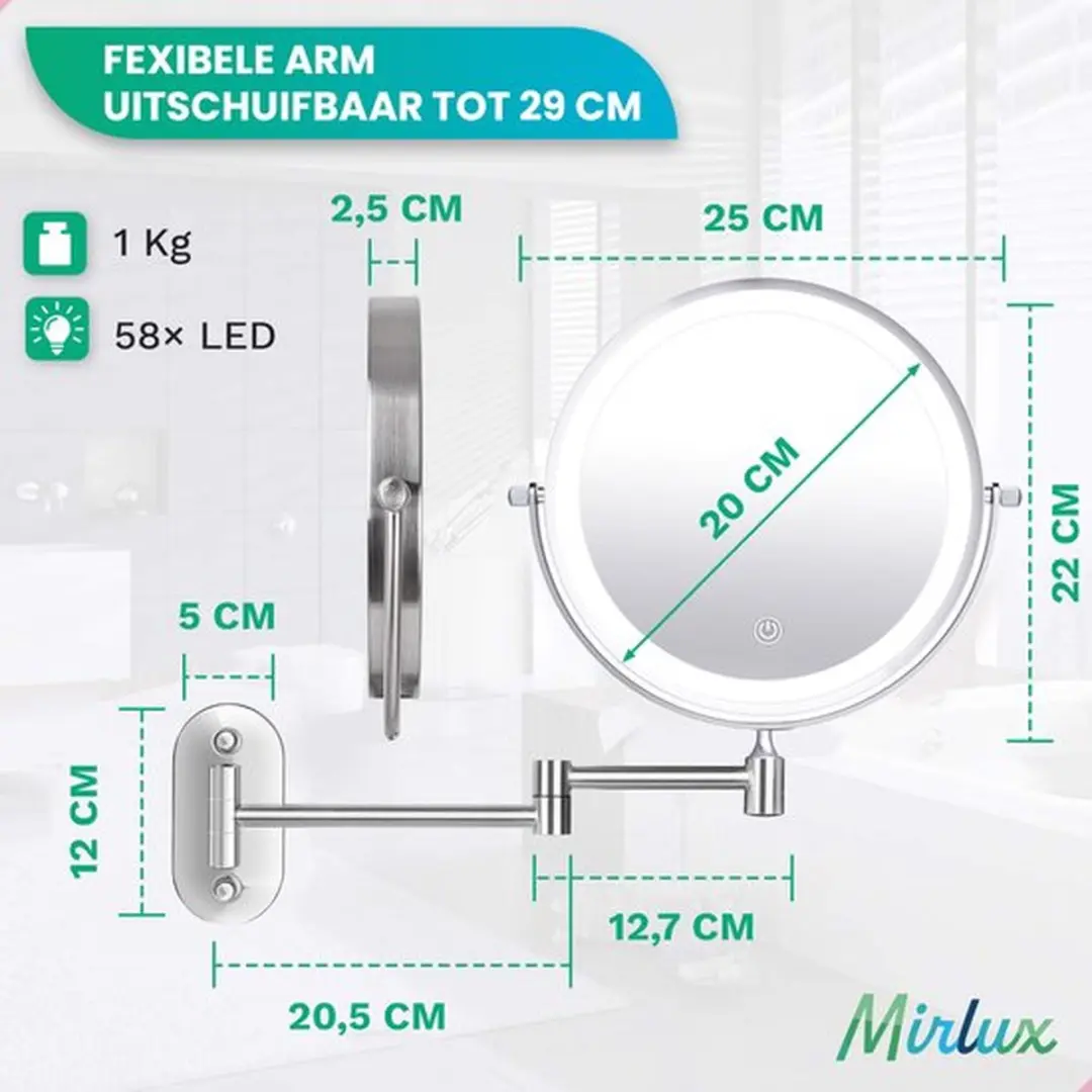 Mirlux Make-up Spiegel 5x Vergroting - Oplaadbaar - Ø20cm - Chroom