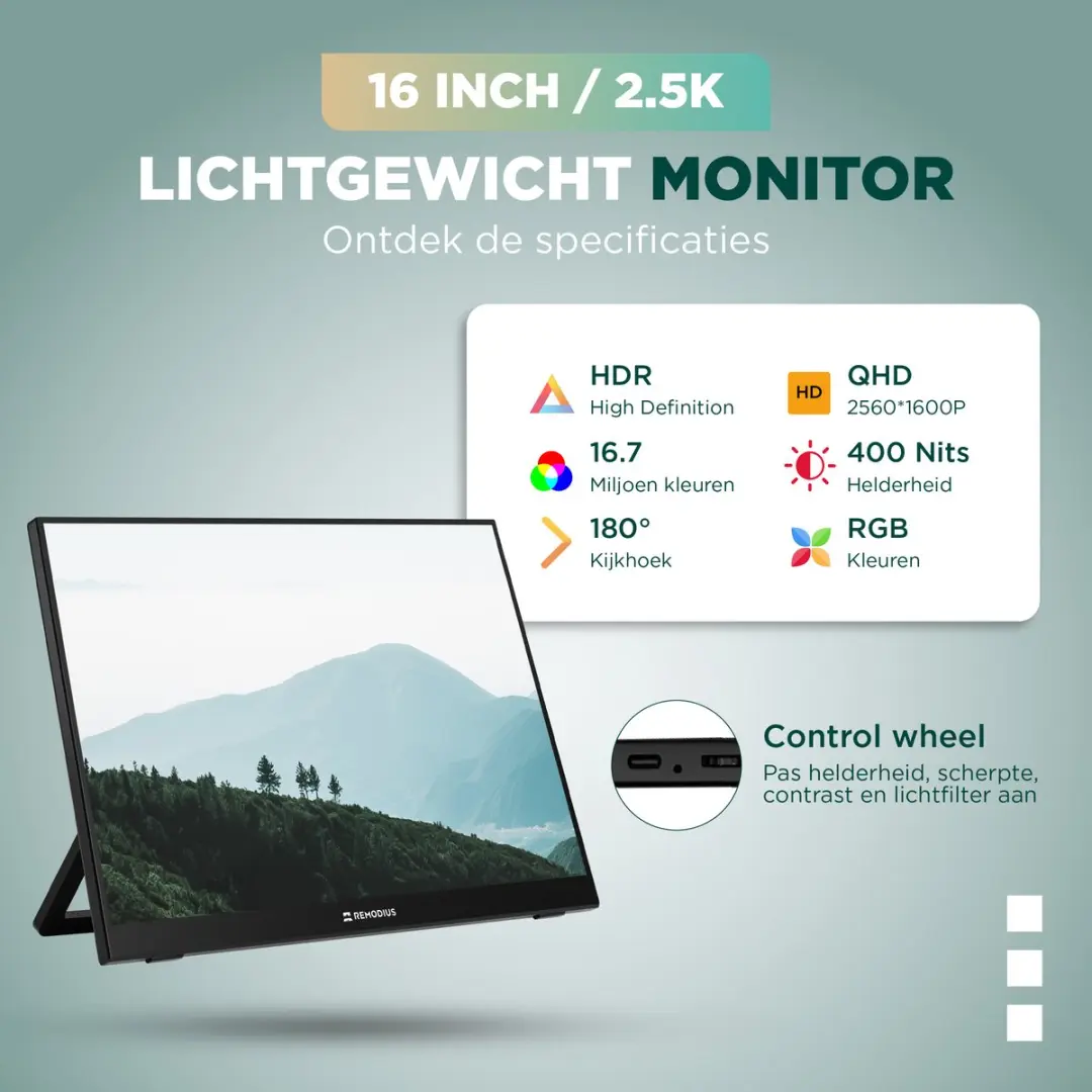 Remodius Portable Monitor 16 Inch 2.5K Reisdisplay - USB-C & Mini HDMI - IPS HDR