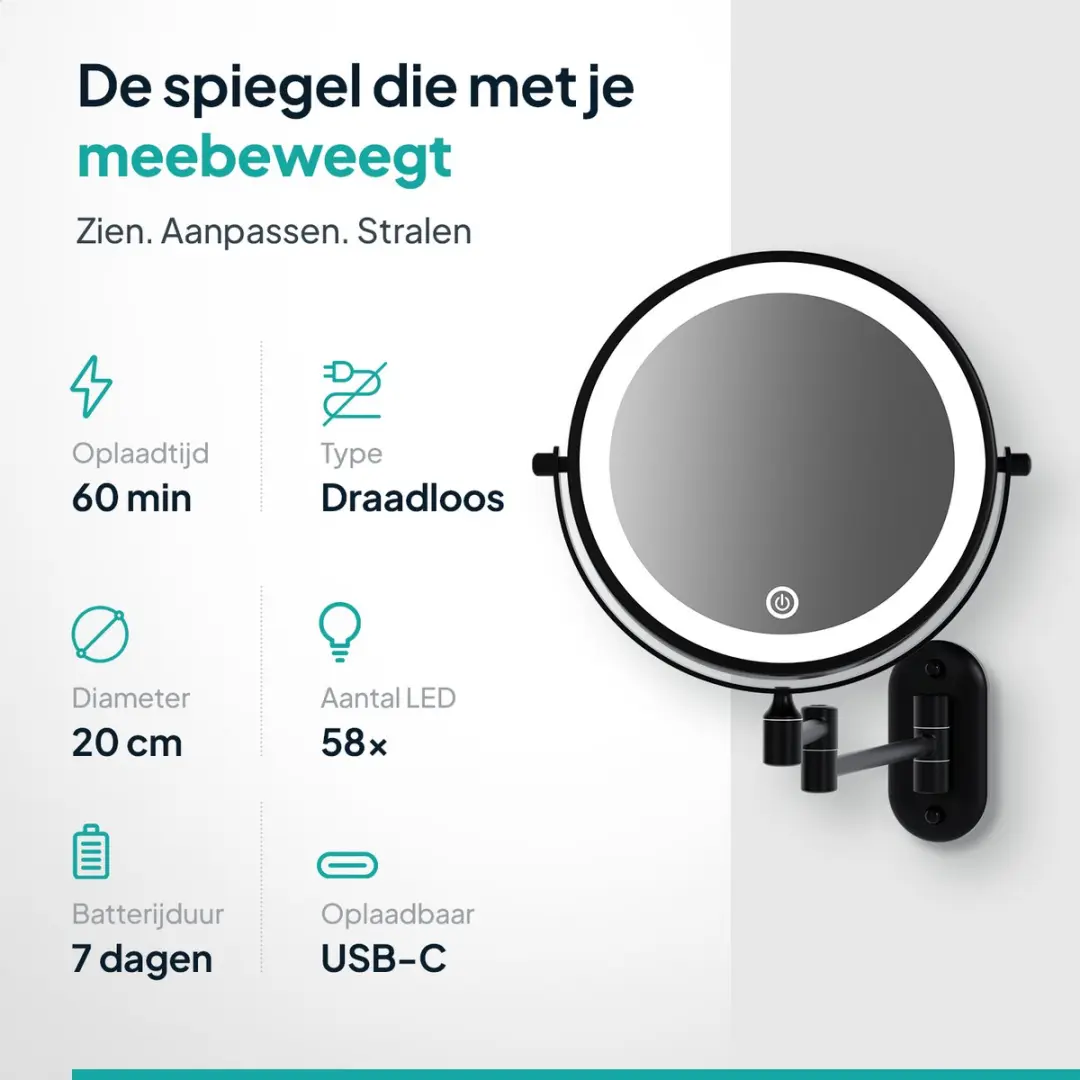Mirlux Make-up Spiegel 5X - Oplaadbaar - Zwart