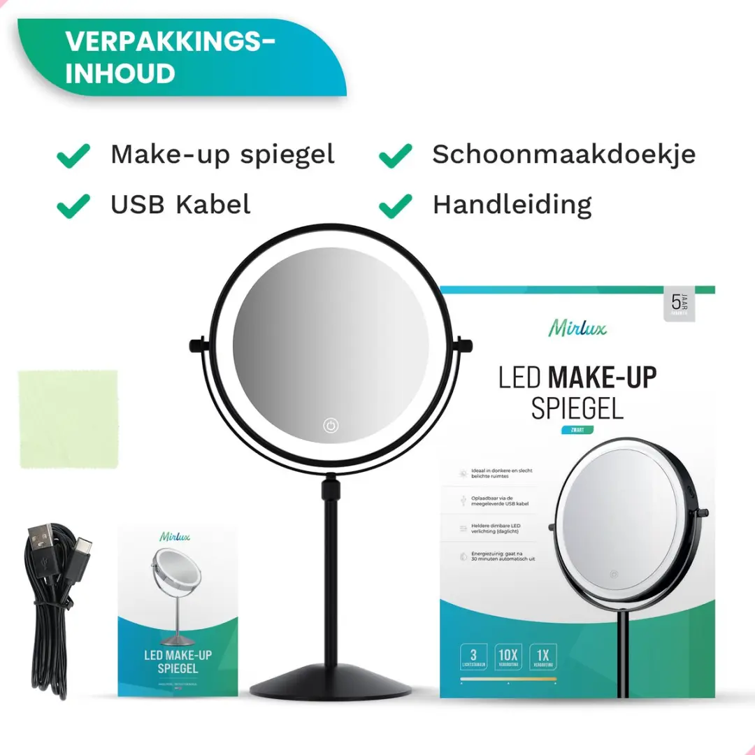 Mirlux Make-up Spiegel 10x - Hoogteverstelbaar - Oplaadbaar - Zwart