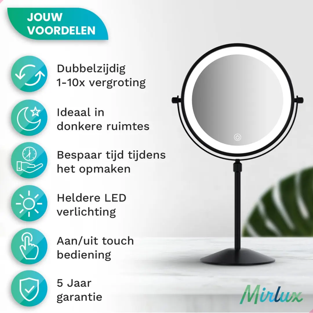Mirlux Make-up Spiegel 10x - Hoogteverstelbaar - Oplaadbaar - Zwart