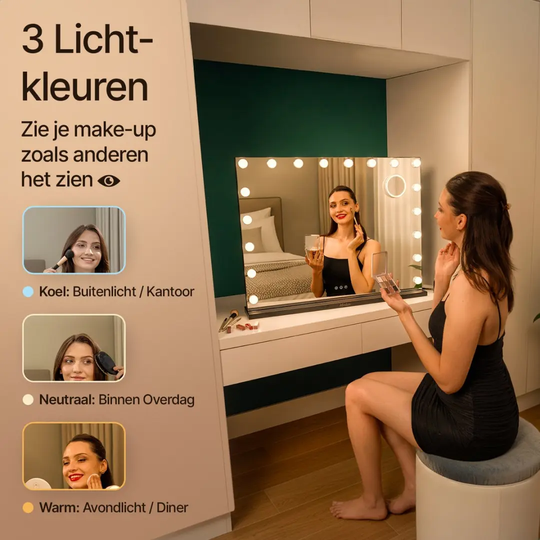Mirlux Hollywood Spiegel 80x60cm - Bluetooth Speakers - USB & USB-C - 10x Zoom - Zwart - afbeelding 6 van 6