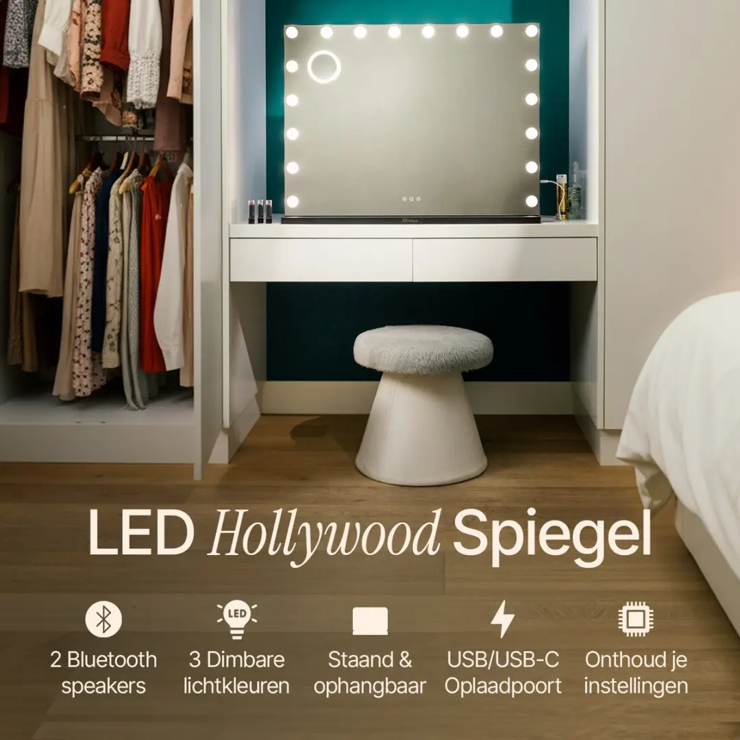 Mirlux Hollywood Spiegel 80x60cm - Bluetooth Speakers - USB & USB-C - 10x Zoom - Zwart