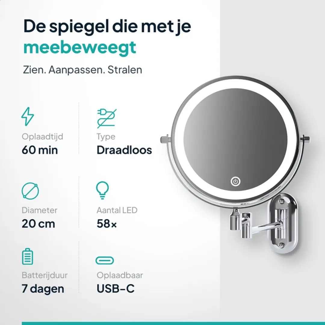 Mirlux Make-up Spiegel met LED Verlichting 10x - Oplaadbaar - Ø20cm - Chroom