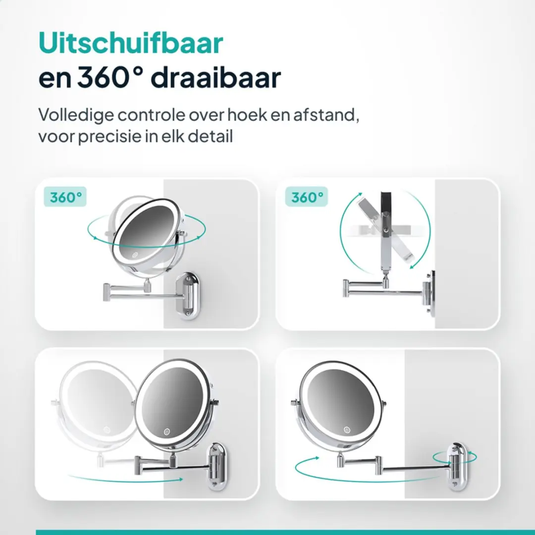 Mirlux Make-up Spiegel met LED Verlichting 10x - Oplaadbaar - Ø20cm - Chroom