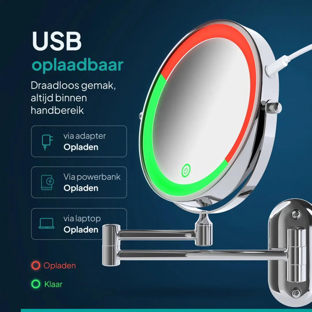 Mirlux Make-up Spiegel met LED Verlichting 10x - Oplaadbaar - Ø20cm - Chroom