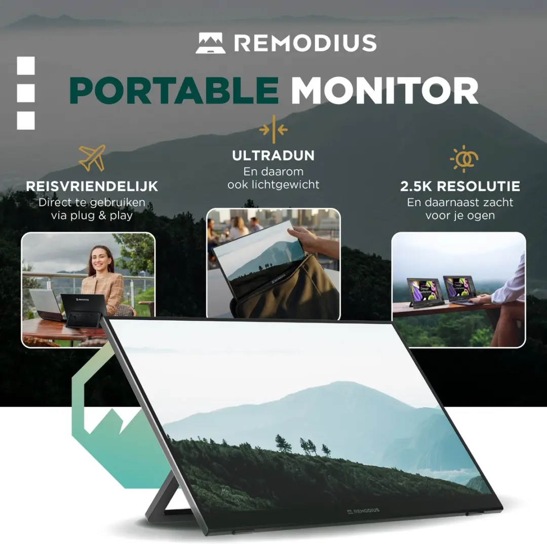 Remodius Portable Monitor 16 Inch 2.5K - USB-C & HDMI - Extra Beeldscherm