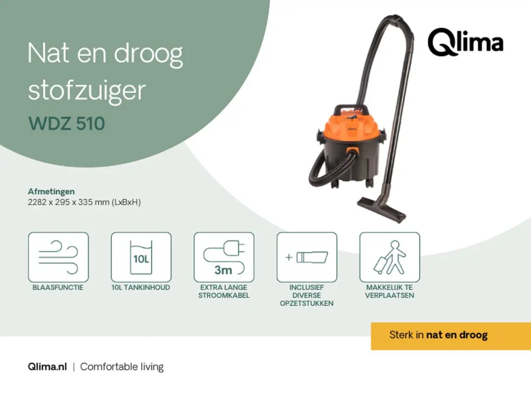 Qlima WDZ 510 Nat- en Droogzuiger - 10L - 1000W