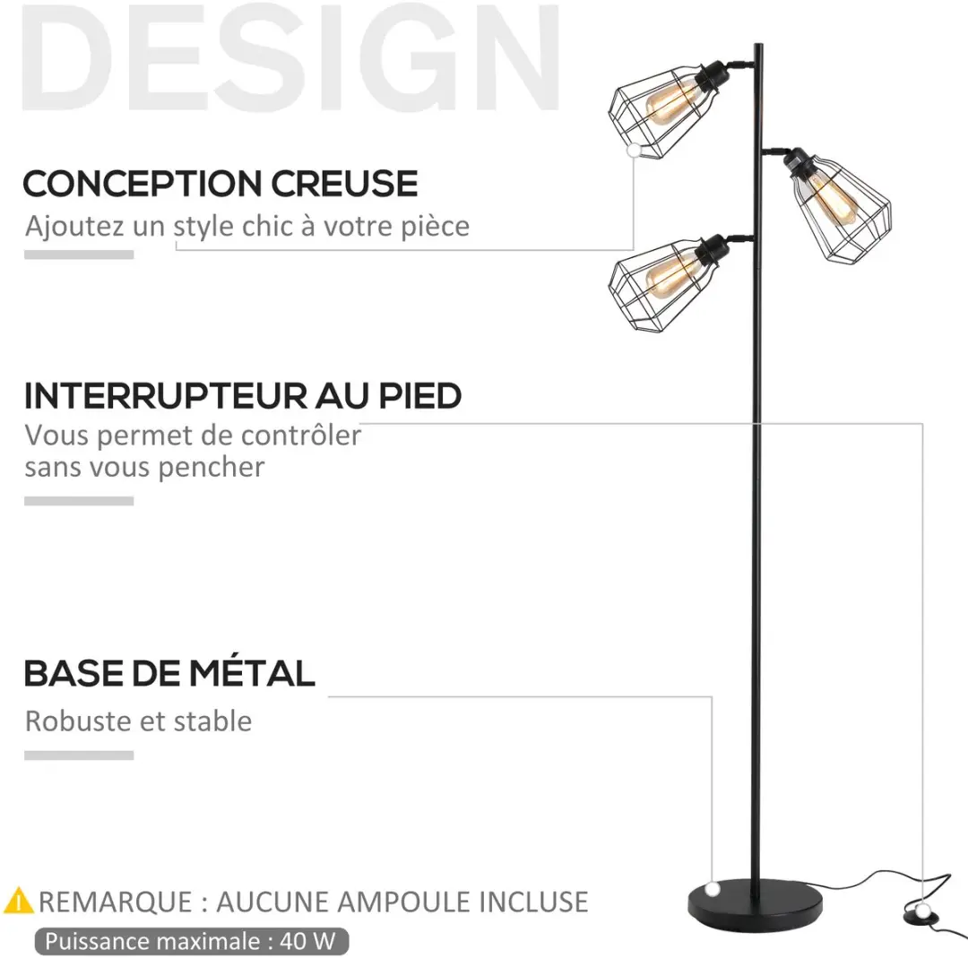 Homcom Vloerlamp 3x40W 165cm - Noir
